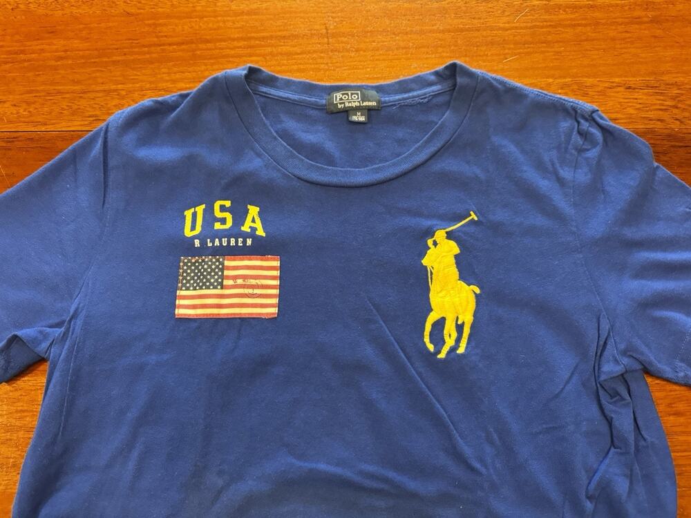 Medium Polo Ralph Lauren Big Pony Embroidered Royal Blue T Shirt American Flag